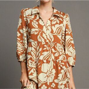 Umgee USA Women's Casual Floral Tiered Midi Shirt Dress Shift Midi Farm Dress XL